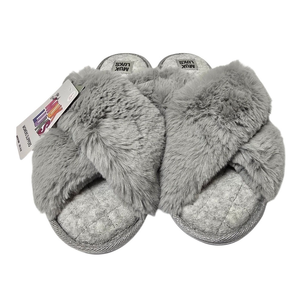 Muk Luks Womens Grey Faux Fur Cross Band Slippers Size L 9-10 NWT